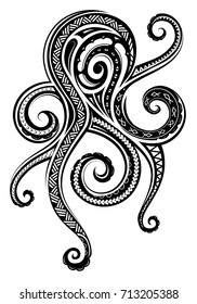 Octopus Tattoo With Maori Style Tribal Ornaments