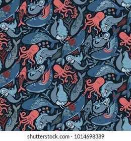 Octopus tattoo master with his clients sharks, whales. Image with hand drawn ocean animals. Mythical mermaids and sea creatures vector illustration for your project, fabric, textile, wrapping paper