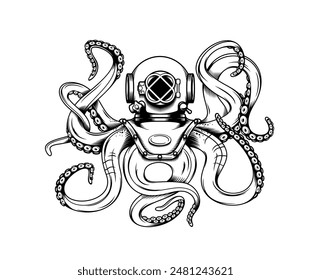 Octopus tattoo with tentacles and diver helmet. Vector hand drawn sketch of giant octopus or kraken fantasy sea animal. Engraving marine monster wearing vintage deep dive or scuba diving sport helmet