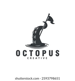octopus tentacle arms holding flags monochrome logo design vector illustration