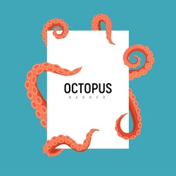 Octopus Tentacle Banner Design. Kraken Squid Cartoon Octopus Giant Isolated Monster Ocean Tentacle