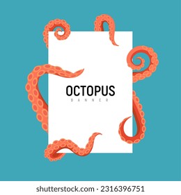 Octopus tentacle banner design. Kraken squid cartoon octopus giant isolated monster ocean tentacle