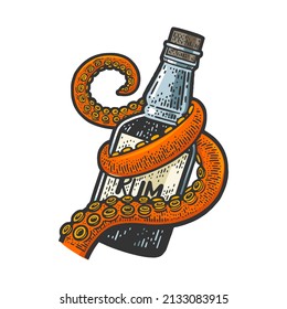 octopus tentacle with a bottle of rum color sketch engraving vector illustration. T-shirt apparel print design. Scratch board imitation. Black and white hand drawn image.