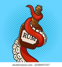 octopus tentacle with a bottle of rum pinup pop art retro vector illustration. Comic book style imitation.