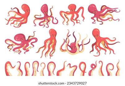 Octopus with tentacle flat cartoon icons set. Kraken, squid monster tattoo. Sea and ocean underwater creature or marine animal arms and limbs or suckers. Sea squid vector illustration