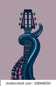 Octopus tentacle is holding a guitar riff.  A template for music posters.