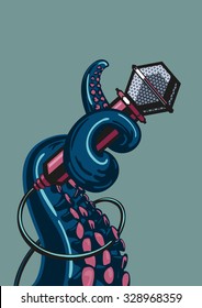 Octopus tentacle is holding a microphone.  A template for music posters.