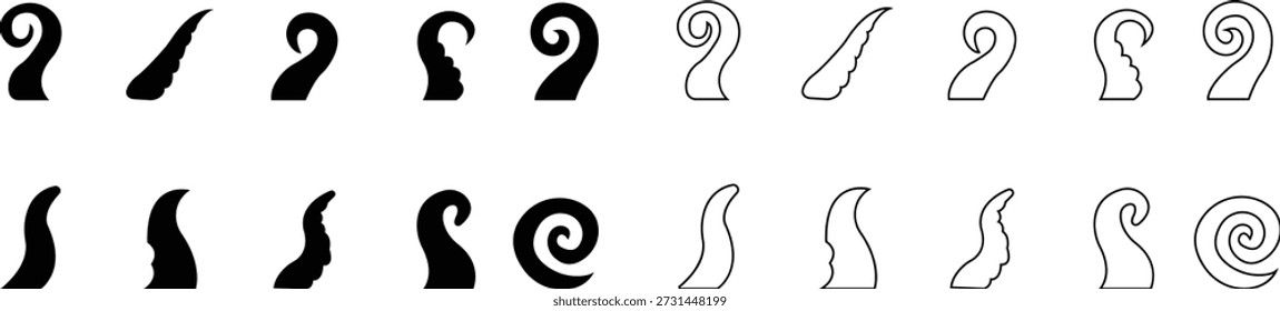 Conjunto de iconos de tentáculos de pulpo, silueta de brazo de monstruo marino de Vector, símbolo de tentáculos de Kraken, tentáculos de pulpo rizado Animal marino para el enfoque ultra afilado, vida marina Tatuaje, Juego, Plantilla de diseño de fantasía