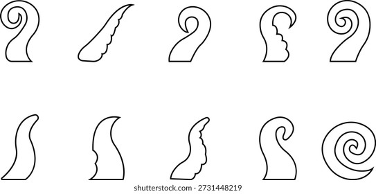 Octopus Tentacle Icon set, Vector Sea Monster Arm Silhouette, Kraken Tentacles Symbol, Curled octopus tentacles Marine Animal for Logo ultra sharp focus, sea life Tattoo, Game, Fantasy Design template