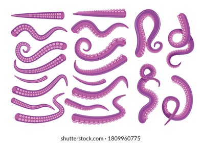 Octopus tentacle icon. Vector cartoon octopus underwater animal tentacle set for animation construction. Spooky marine monster arm isolated on white. Creepy abyss creature feeler illustration