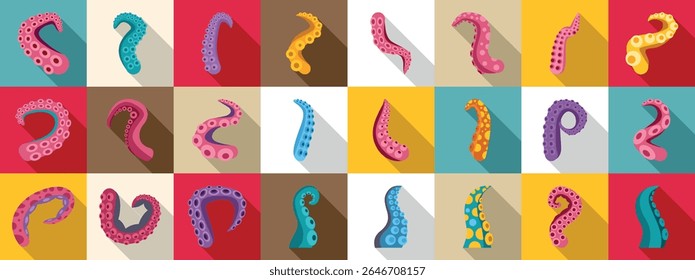 Octopus tentacle icons set. Tentacles icons set displaying various shapes and colors, representing marine life and cephalopods