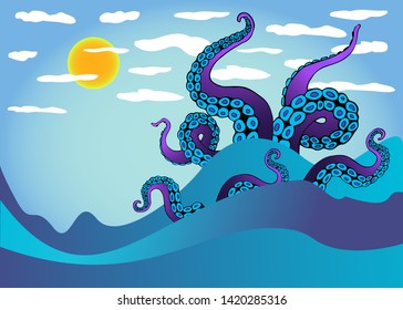 Octopus tentacle in sea waves. Underwater ocean monster Kraken. Cartoon Japanese squid cuttlefish cartoon vector illustration for web and print decoration 