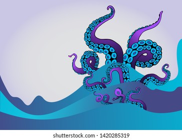 Octopus tentacle in sea waves. Underwater ocean monster Kraken. Cartoon Japanese squid cuttlefish cartoon vector illustration for web and print decoration 