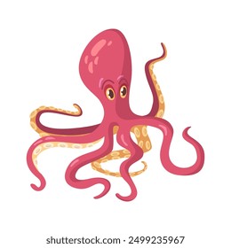 Octopus with tentacles, aquatic cuttlefish flat cartoon creature. Marine animal kraken monster, arms and limbs or suckers. Sea and ocean underwater squid vector illustration