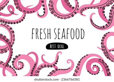 Octopus tentacles background. Fresh seafood. Frame banner with mollusk pink curly limbs. Rectangular border. Underwater animals arms. Cephalopod creatures palpuses