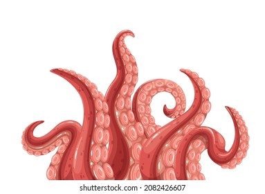 Octopus tentacles banner. Limbs of the sea monster kraken. Vector illustration of sea octopus twisted tentacles with sucker .