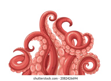 Octopus tentacles banner. Limbs of the sea monster kraken. Vector illustration of sea octopus twisted tentacles with sucker .