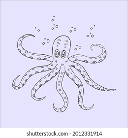 Octopus with tentacles, black and white outline. Hand drawn vector illustration isolated on purple background. 