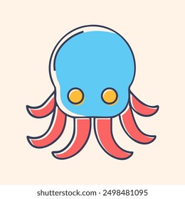 Octopus with tentacles. Cartoon coloring book style sea and ocean animal. Cute kraken of fantasy story, underwater cuttlefish. Minimalistic style emblem for the menu of the seafood restaurant.