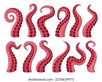 Octopus tentacles. Cartoon marine creature palpus, squid twisted limbs with suckers flat vector illustration set. Ocean cephalopod animal tentacles