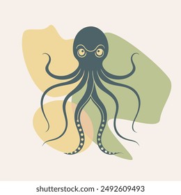 Octopus with tentacles. Cartoon sea and ocean animal. Cute giant kraken monster of fantasy story, cartoon creepy underwater cuttlefish. Thin lines style emblem for the menu of the seafood restaurant.