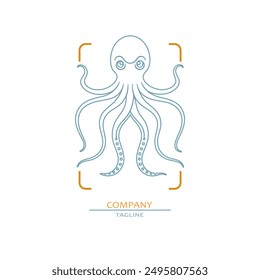 Octopus with tentacles. Cartoon sea and ocean animal. Cute giant kraken monster of fantasy story, cartoon creepy underwater cuttlefish. Thin lines style emblem for the menu of the seafood restaurant.