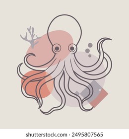 Octopus with tentacles. Cartoon sea and ocean animal. Cute giant kraken monster of fantasy story, cartoon creepy underwater cuttlefish. Thin lines style emblem for the menu of the seafood restaurant.