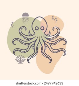 Pulpo con tentáculos. Dibujos animados de animales marinos y oceánicos. Monstruo gigante lindo del kraken de la historia de la fantasía, sepia bajo el agua espeluznante de la historieta. Líneas finas emblema de estilo para el menú del restaurante de mariscos.