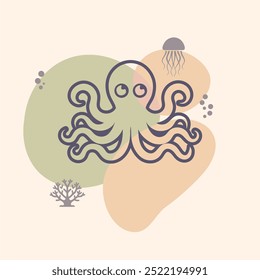 Octopus with tentacles. Cartoon sea and ocean animal. Cute giant kraken monster of fantasy story, cartoon creepy underwater cuttlefish. Thin lines style emblem for the menu of the seafood restaurant.