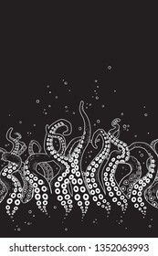 Octopus tentacles curl and intertwined hand drawn black and white line art background or print design vetor illustration