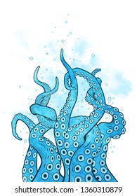 Octopus tentacles curl and intertwined hand drawn line art with blue watercolor elements background or print design vetor illustration