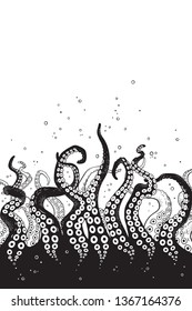 Octopus tentacles curl and intertwined hand drawn black and white line art background or print design vetor illustration