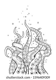 Octopus tentacles curl and intertwined hand drawn black and white line art coloring book pages for kids and adults vetor illustration