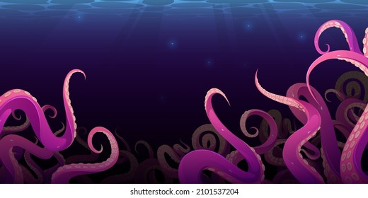 Octopus tentacles in dark ocean water, monster kraken waving hands on sea bottom. Fantasy creepy creature cephalopod arms or legs. Underwater animal antennas or feelers, Cartoon vector illustration