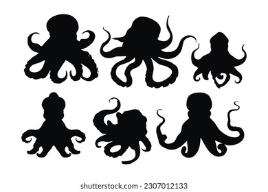 Octopus with tentacles in different positions, silhouette set vector. Big octopus silhouette collection on a white background. Sea creatures like octopuses or squids, full body silhouette bundles.