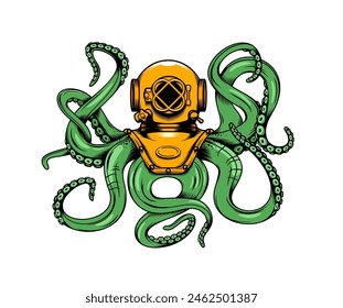 Octopus with tentacles and diver helmet in sketch doodle art for tattoo or mascot, vector emblem. Underwater animal, green octopus in aqualung helmet for diving club badge or abstract t-shirt print