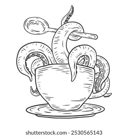 Os tentáculos do polvo emergem do café ou da xícara de chá. Arte vetorial desenhada à mão em estilo de esboço. Ilustração de moda criativa para impressão, tatuagem.