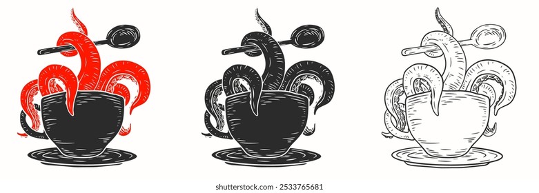 Os tentáculos do polvo emergem do café ou da xícara de chá. Arte vetorial desenhada à mão em estilo de esboço. Ilustração de moda criativa para impressão, tatuagem.