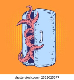 Octopus tentacles emerge from refrigerator in hand drawn vintage style. Creative retro vector illustration monster for print or tattoo.