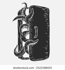 Octopus tentacles emerge from refrigerator in hand drawn monochrome style. Creative retro vector illustration monster for print or tattoo.