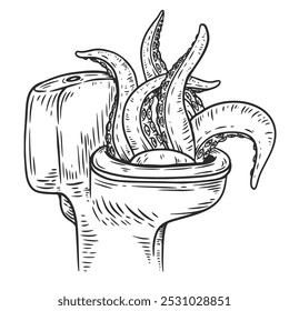 Os tentáculos do polvo emergem do banheiro. Arte vetorial desenhada à mão em estilo de esboço. Ilustração de moda criativa para impressão, tatuagem.