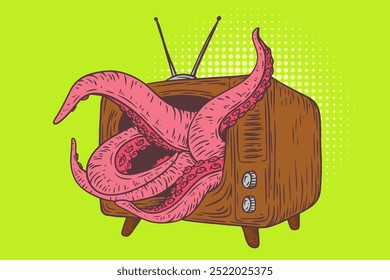 Octopus tentacles emerge from tv in hand drawn vintage style. Creative retro vector illustration monster for print or tattoo.