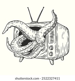 Octopus tentacles emerge from tv in hand drawn vintage monochrome style. Creative retro vector illustration monster for print or tattoo.