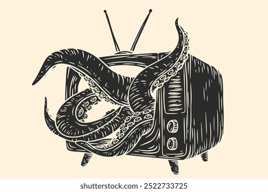 Octopus tentacles emerge from tv in hand drawn vintage monochrome style. Creative retro vector illustration monster for print or tattoo.