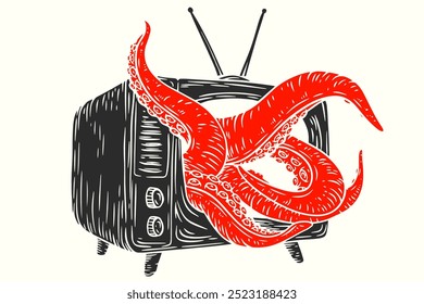 Os tentáculos de polvo emergem da tv em estilo monocromático vintage desenhado à mão. Criativa retro vetor ilustração monstro para impressão ou tatuagem.