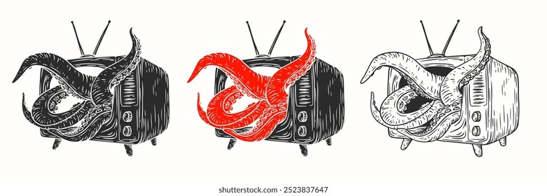 Os tentáculos de polvo emergem da tv em estilo monocromático vintage desenhado à mão. Criativa retro vetor ilustração monstro para impressão ou tatuagem.