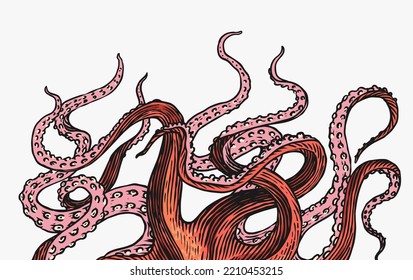 Octopus tentacles. Eingegrabene Hand, gezeichnet in alte Skizze, Vintage-Kreatur. Nautik oder Marine, Monster. Tier im Ozean. Vorlage für Logos, Etiketten und Embleme.