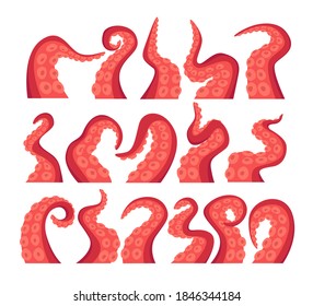 Octopus Tentacles Isolated Icons Set. Underwater Animal Antennas or Feelers on White Background. Monster Kraken Hands, Fantasy Creature Cephalopod Arms, Cthulhu Palpus. Cartoon Vector Illustration
