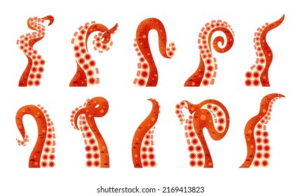 Octopus tentacles isolated set. Vector icons of underwater ocean fish or kraken monster. Vector twisted long limbs with suckers of cephalopods or sea cuttlefish. Geometric flat cardboard design.