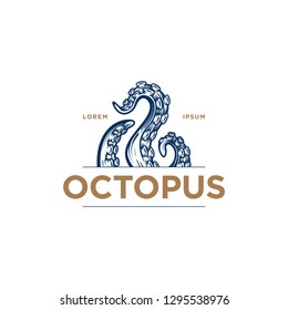 "Octopus" tentacles logo. Hand drawn vector illustration of an octopus palps  in engraving technique. Elegant emblem design for Japanese cuisine restaurant, sushi bar.